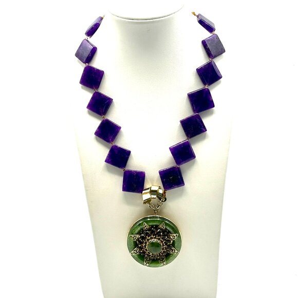 1970s-80s Asian-Inspired Medallion Necklace with Sugilite, Jade & Garnet - Picture 4 of 10